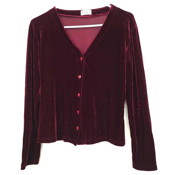 VTG 80s Jonden by Linda Leal Burgundy Soft Stretch Velvet Button-Up Top, Sz Med - Picture 1 of 5